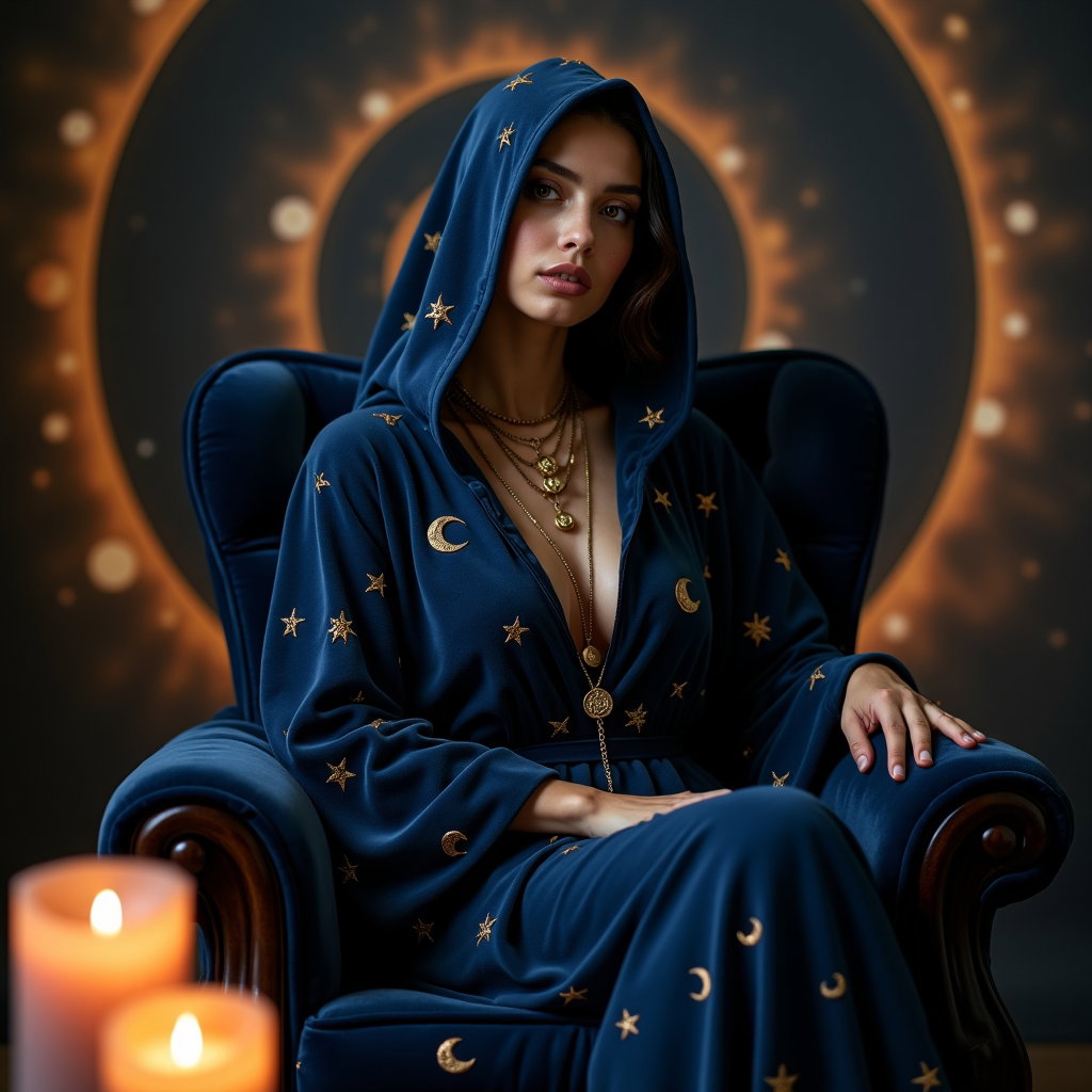 AI-generated photo: Photorealistic portrait photography. A seated, intimate astro portrait of a person on a plush, dark ...