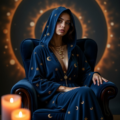 AI-generated photo: Photorealistic portrait photography. A seated, intimate astro portrait of a person on a plush, dark ...