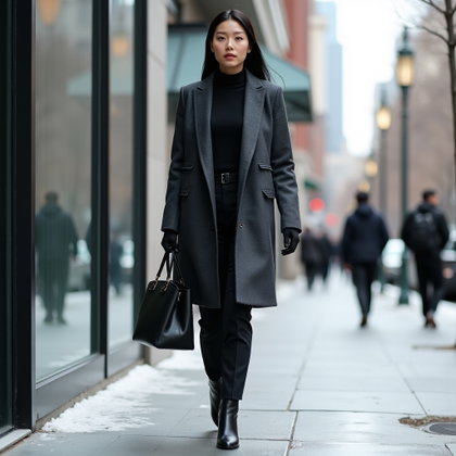 Arrivée en manteau d’hiver : portrait d’arrivée en pied sur un trottoir urbain devant une tour de bureaux vitrée dans la lumière d’un matin d’hiver ; une seule personne visible avance vers…