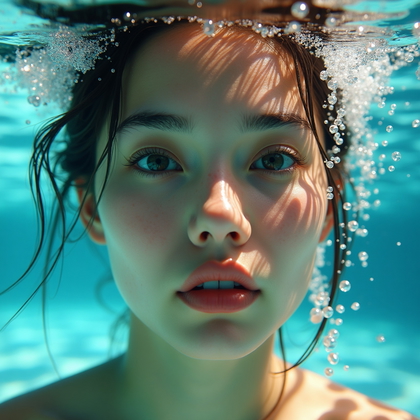 AI-generated photo: Photorealistic underwater portrait photography, close-up of a face framed by rising bubbles, lips sl...
