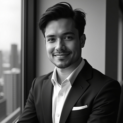 AI-generated photo: Professional black-and-white headshot photography in a corner office overlooking the skyline, three-...