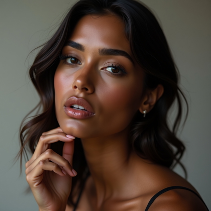 AI-generated photo: Photorealistic editorial beauty portrait photography, three-quarter close-up in a studio with a seam...