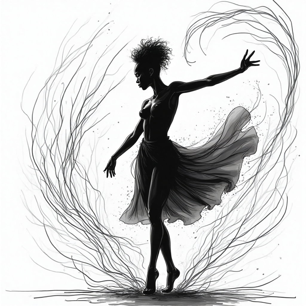 AI-generated photo: **Line Art** illustration focused on the silhouette of a person in a dance pose, against a backdrop ...