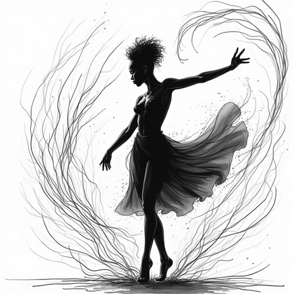 AI-generated photo: **Line Art** illustration focused on the silhouette of a person in a dance pose, against a backdrop ...
