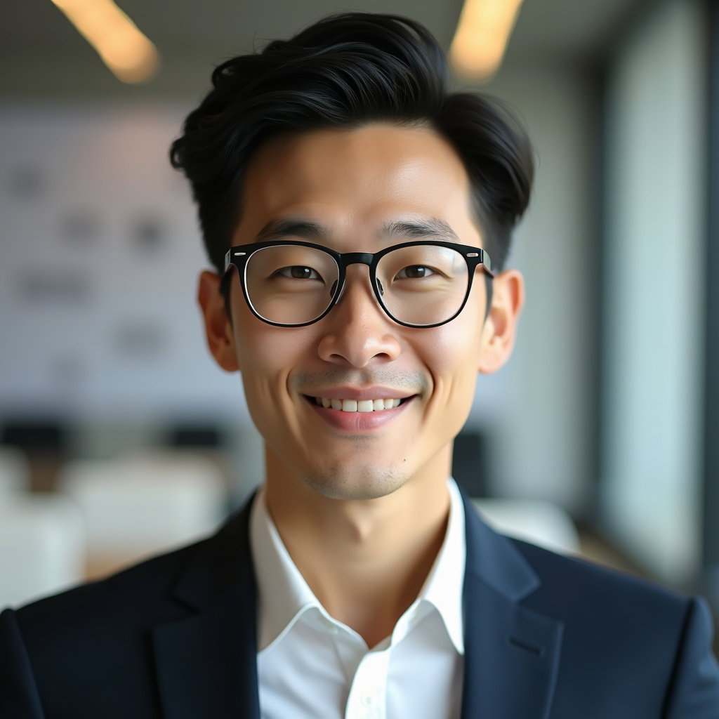 AI-generated photo: Professional headshot: Tight corporate close-up with face clearly visible and centered, clamshell li...