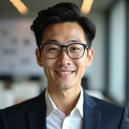 AI-generated photo: Professional headshot: Tight corporate close-up with face clearly visible and centered, clamshell li...