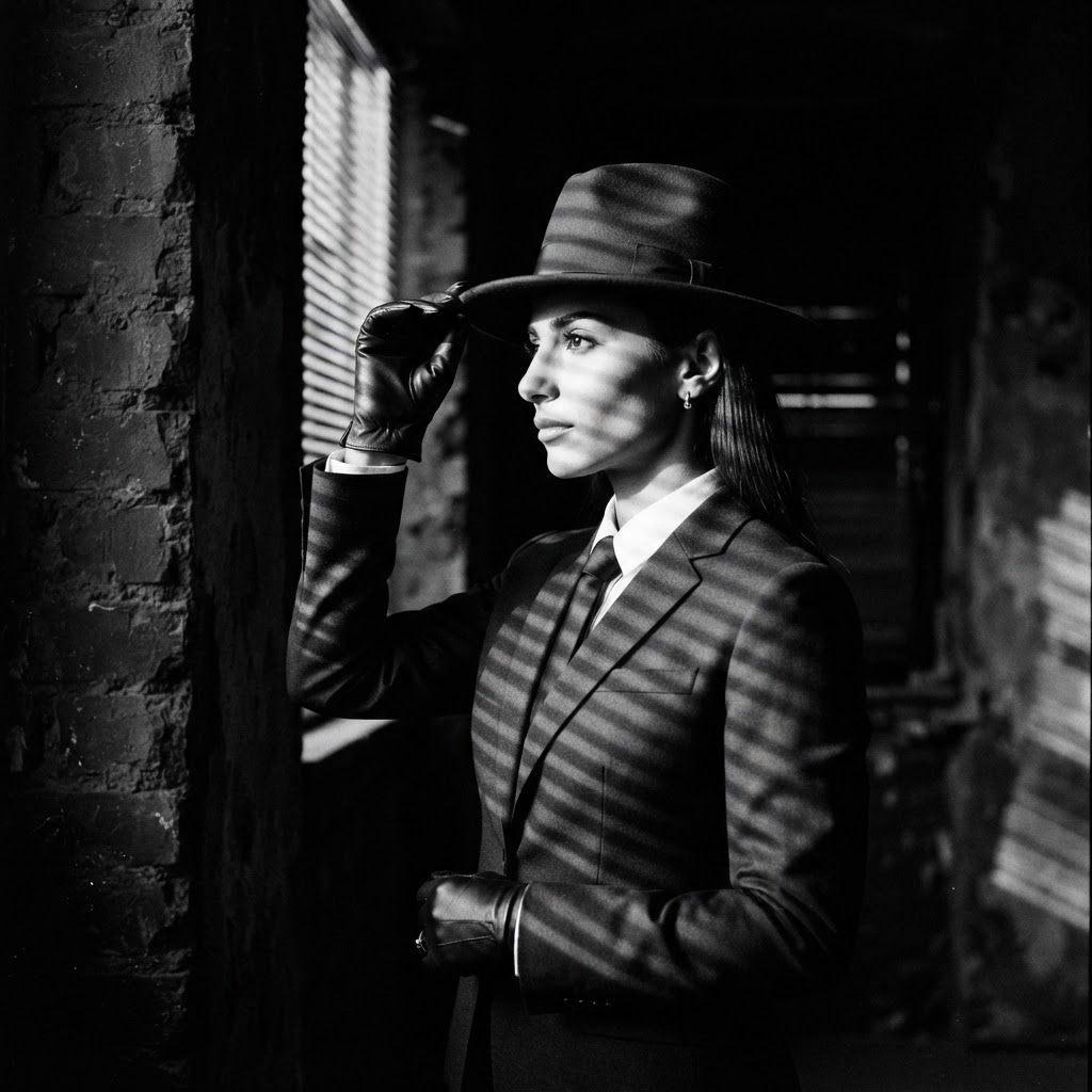 Venetian Blind Shadows: Half-body portrait of one visible person in a narrow pool of light from Venetian blinds, wearing a sleek tailored suit with gloves.