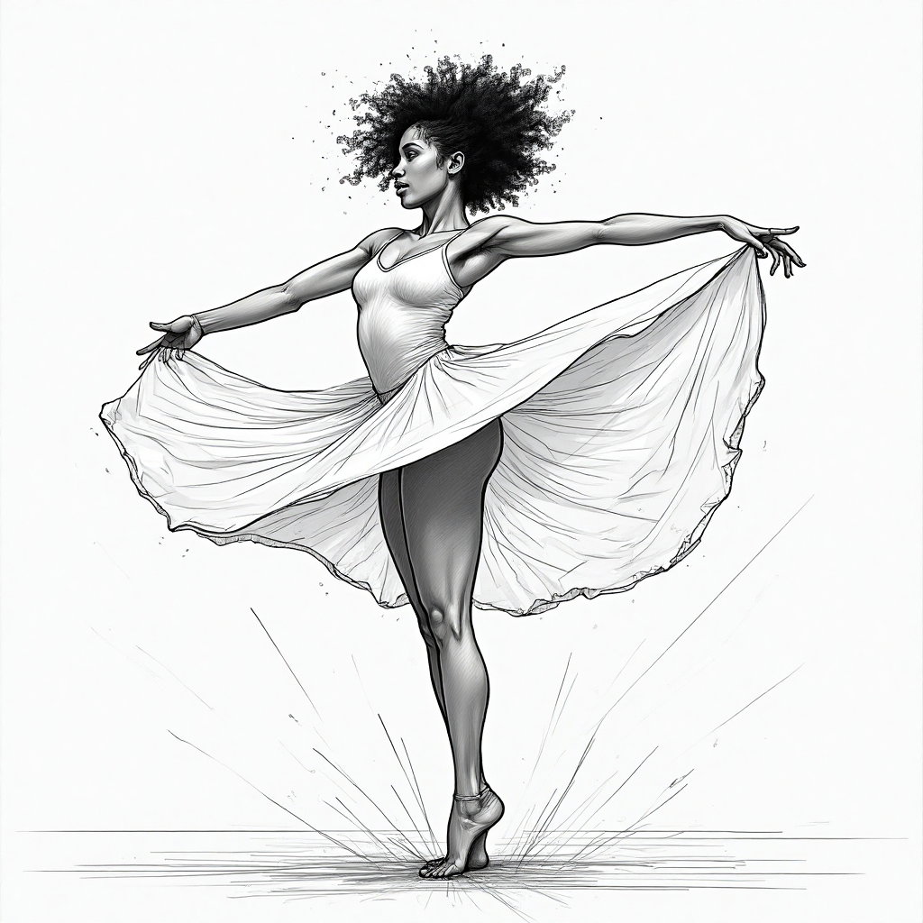 AI-generated photo: **Line Art Illustration.** Depicting a person caught in a graceful pirouette, this scene uses bold a...