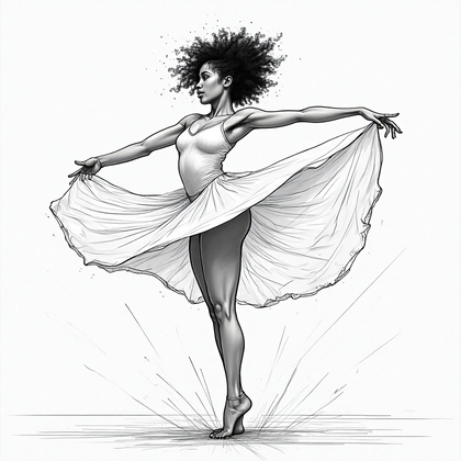 AI-generated photo: **Line Art Illustration.** Depicting a person caught in a graceful pirouette, this scene uses bold a...