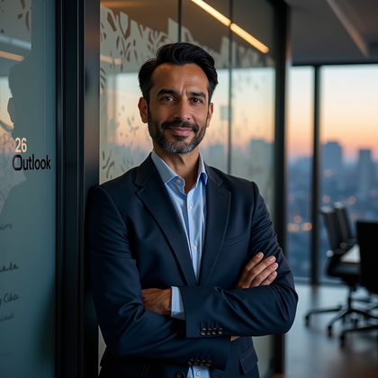 AI-generated photo: Professional headshot: standing beside a glass partition with etched patterns and a dusk skyline glo...