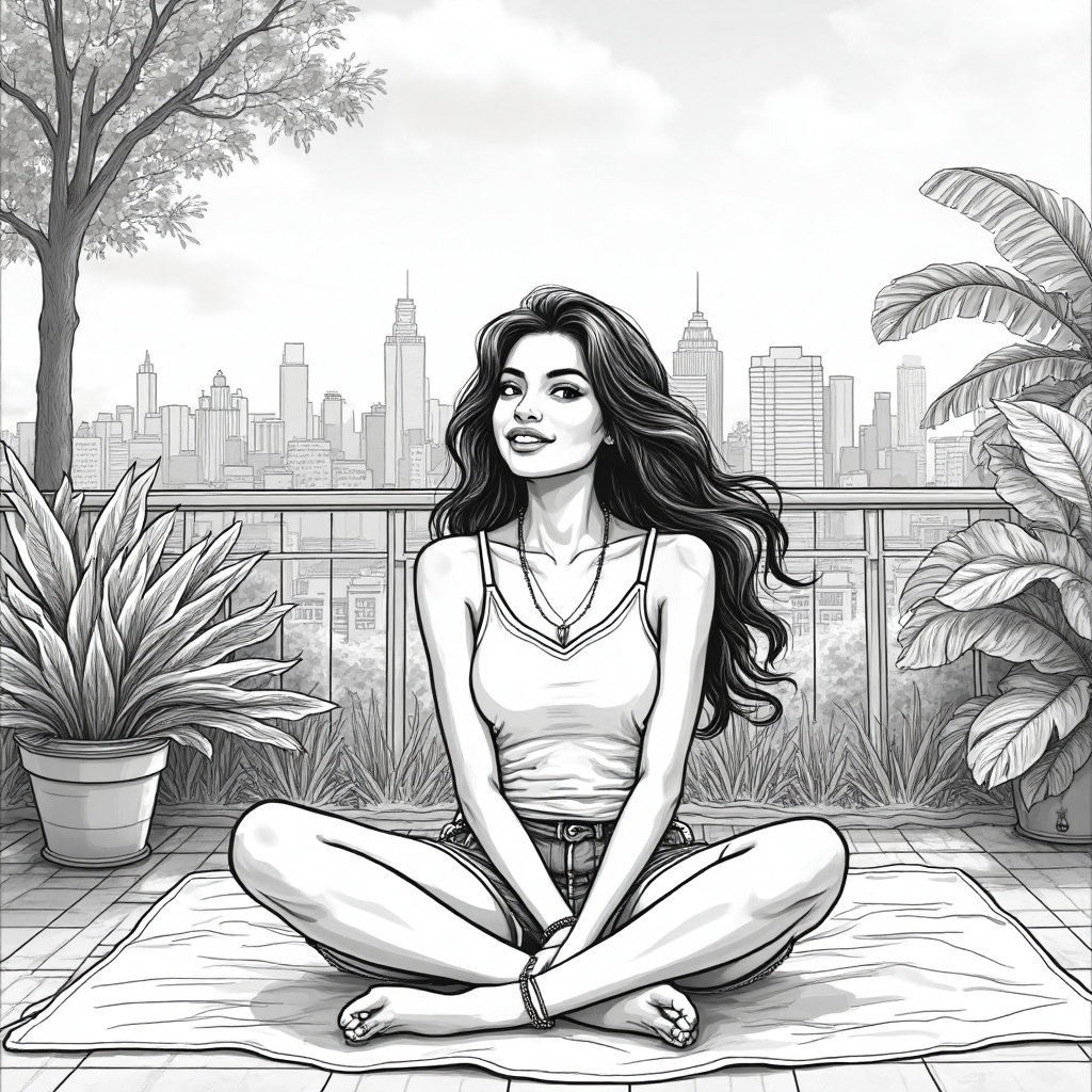 AI-generated photo: **Line Art Drawing.** Illustrate a detailed line art portrait of a young woman sitting on a sunlit c...