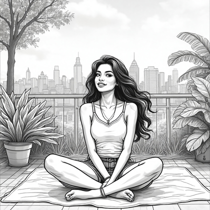 AI-generated photo: **Line Art Drawing.** Illustrate a detailed line art portrait of a young woman sitting on a sunlit c...