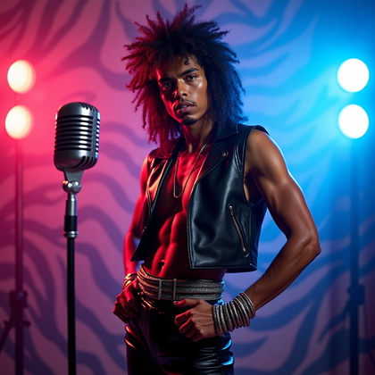 AI-generated photo: Photorealistic 1980s glam rock studio portrait photograph with a chrome mic stand and zebra-print ba...