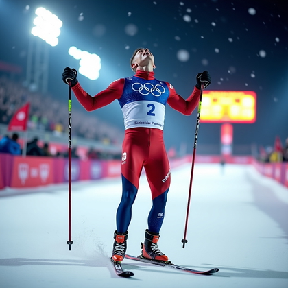 AI-generated photo: Photorealistic sports photography, vertical image of a Winter Olympic alpine skier in the finish are...
