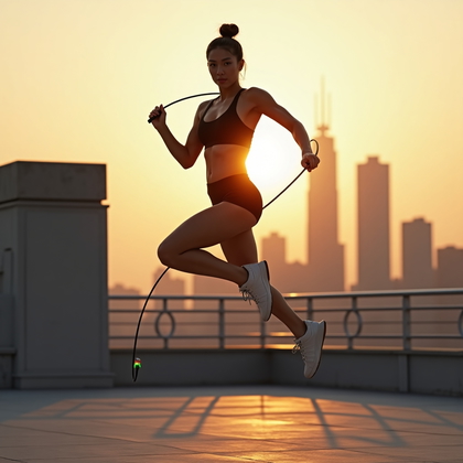 AI-generated photo: Photorealistic fitness photography on a rooftop at sunset, subject performing rapid double-unders wi...