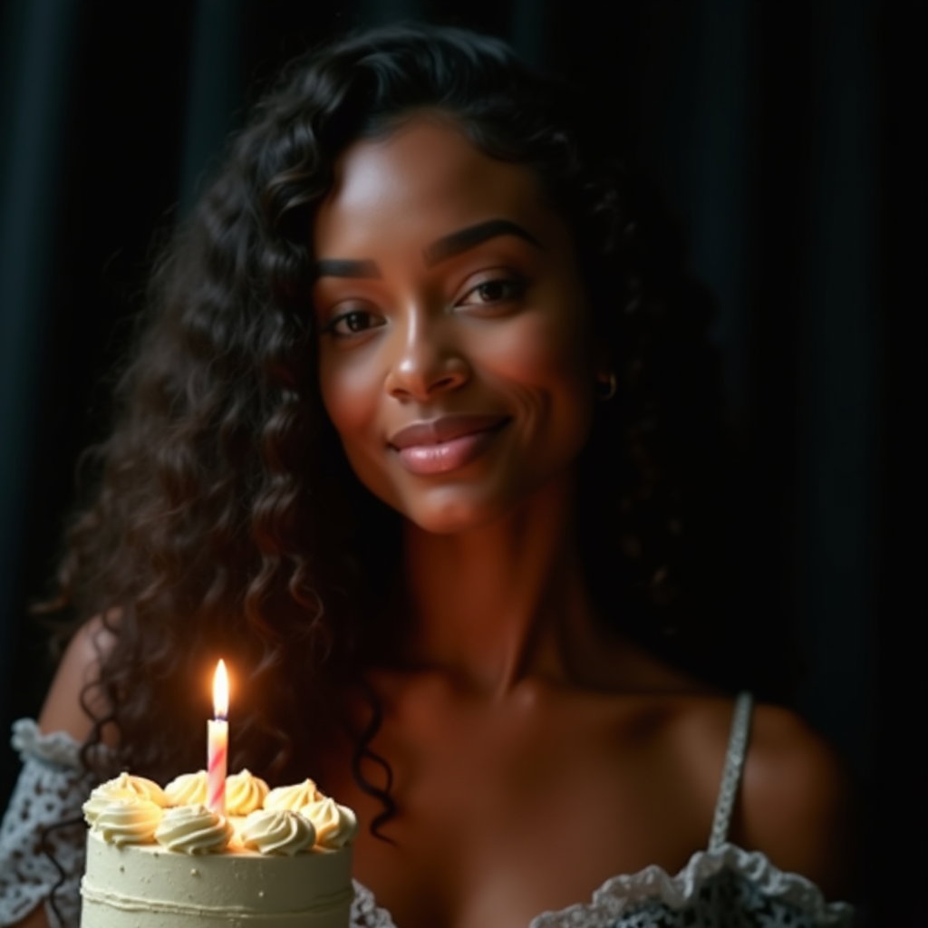 Milestone Birthday Portraits That Feel Grown-Up example: Photorealistic portrait photography. Tight close-up birthday portrait with the face clearly visible, posed beside a smal