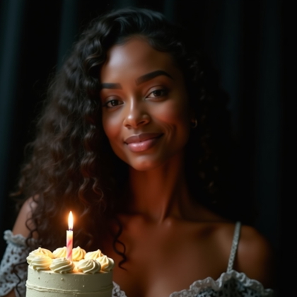 Milestone Birthday Portraits That Feel Grown-Up example: Photorealistic portrait photography. Tight close-up birthday portrait with the face clearly visible, posed beside a smal