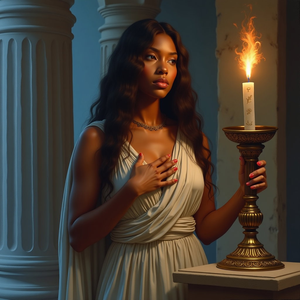 Solo Oracle-Blessed Hero Portrait example: Neoclassical mythological oil painting. Half-body portrait of a solo hero standing beside a bronze oracle tripod, one ha