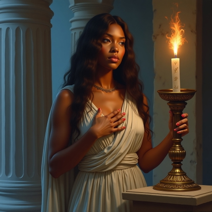 Solo Oracle-Blessed Hero Portrait example: Neoclassical mythological oil painting. Half-body portrait of a solo hero standing beside a bronze oracle tripod, one ha