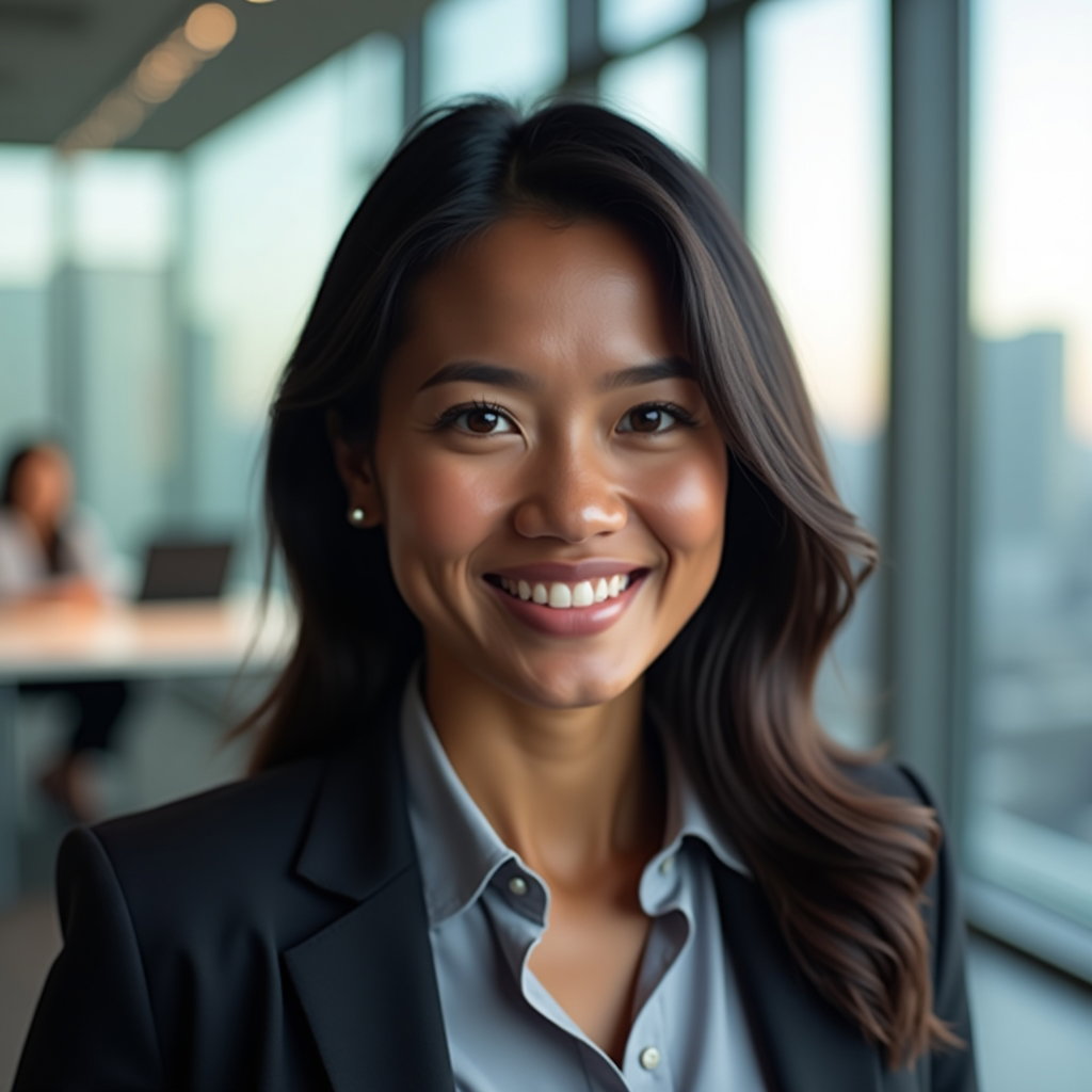 AI-generated photo: Professional headshot, approachable closed-lip smile at a three-quarter angle near a glass-walled of...