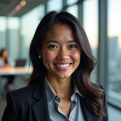 AI-generated photo: Professional headshot, approachable closed-lip smile at a three-quarter angle near a glass-walled of...