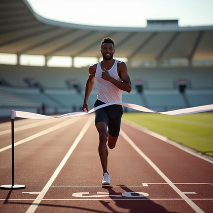 AI-generated photo: Photorealistic photography. Empty stadium track at late afternoon with long raking light and crisp s...