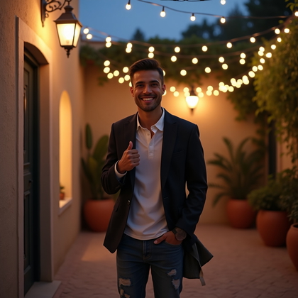 Photorealistic dating profile photo: Open-air Mediterranean courtyard at blue hour, textured stucco walls and climbing vines, with festoon lights overhead creating a warm, diffused glow behind the subject. The subject stands near a rustic doorway with a jacket casually slung over one shoulder, shoulders open and a confident, alluring smile held directly to camera. A soft key from a nearby lantern is balanced with subtle bounce fill to keep the face luminous and eyes bright without harsh shadow. Compose a mid-length portrait with clean negative space to one side, terracotta pottery and foliage adding romantic ambiance.