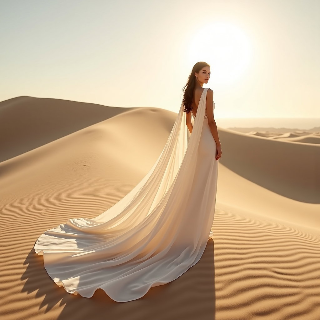 AI-generated photo: Photorealistic wedding photography on sun‑warmed desert dunes with rhythmic wind‑carved ripples, the...