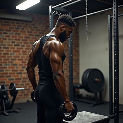AI-generated photo: Photorealistic fitness photography in an industrial basement gym with exposed brick and chain-hung r...