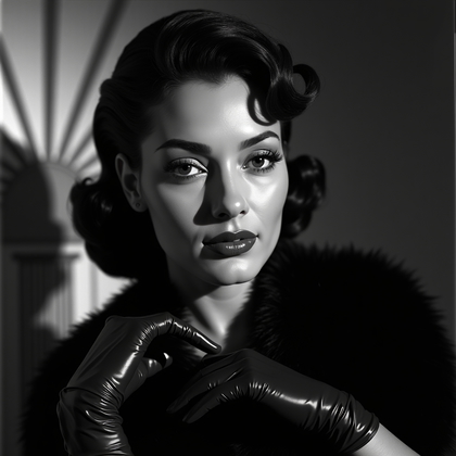 AI-generated photo: Old Hollywood glamour close-crop portrait photograph in low-key lighting, with a snooted key creatin...