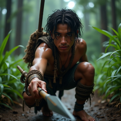 AI-generated photo: Photorealistic editorial action portrait in a rain-damp forest clearing, the lead in a poised hunter...