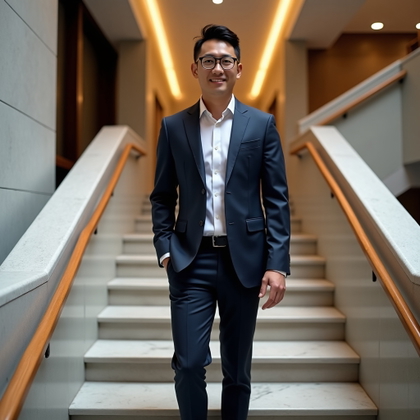 Professional business photography. Full-body portrait on an interior architectural staircase inside a corporate headquarters, with the subject paused on a landing, one hand lightly touching the railing and the other relaxed at the side. Elevated business attire with polished styling, self-assured expression, clean stone and wood textures, vertical lines for authority, soft overhead architectural lighting, and a premium editorial finish.