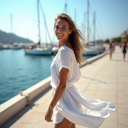 Minimal White Linen Portraits Against Blue Sea and Sky example: Photorealistic vacation portrait photography. Motion portrait walking along a quiet marina promenade in loose white line
