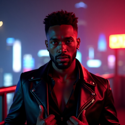 AI-generated photo: Photorealistic nightlife portrait photo on a rooftop lounge, neon signage and city glow casting satu...