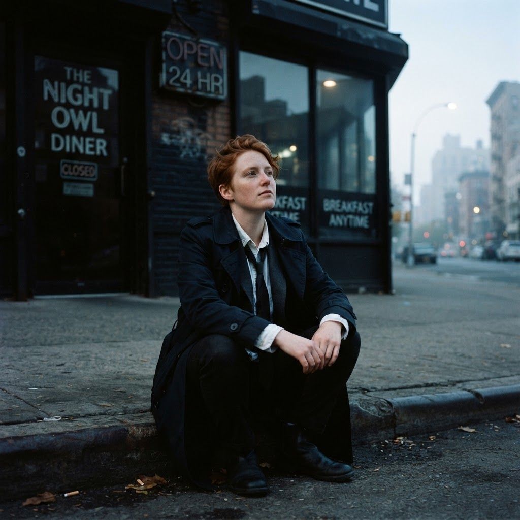 Dawn After The Case: A quiet personal photo outside a closed all-night diner just after sunrise, the subject sitting alone on the curb with coat open and tie…
