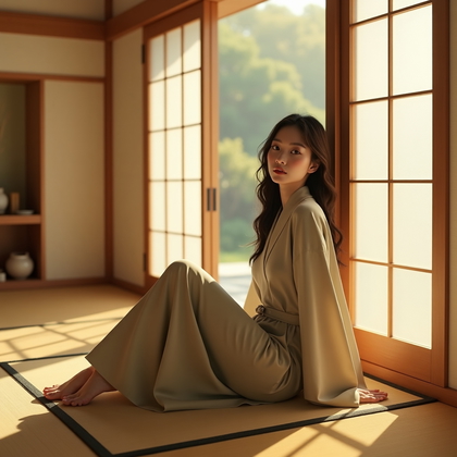 AI-generated photo: Photorealistic fashion portrait photography. The scene captures the subject in a traditional tatami ...
