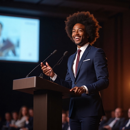 AI-generated photo: LinkedIn photo capturing a professional speaker on stage at a business conference. The individual we...