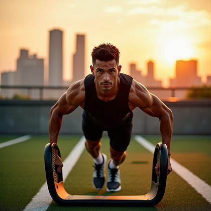 AI-generated photo: Photorealistic fitness photography on a rooftop gym at golden hour, a sled push framed from slightly...