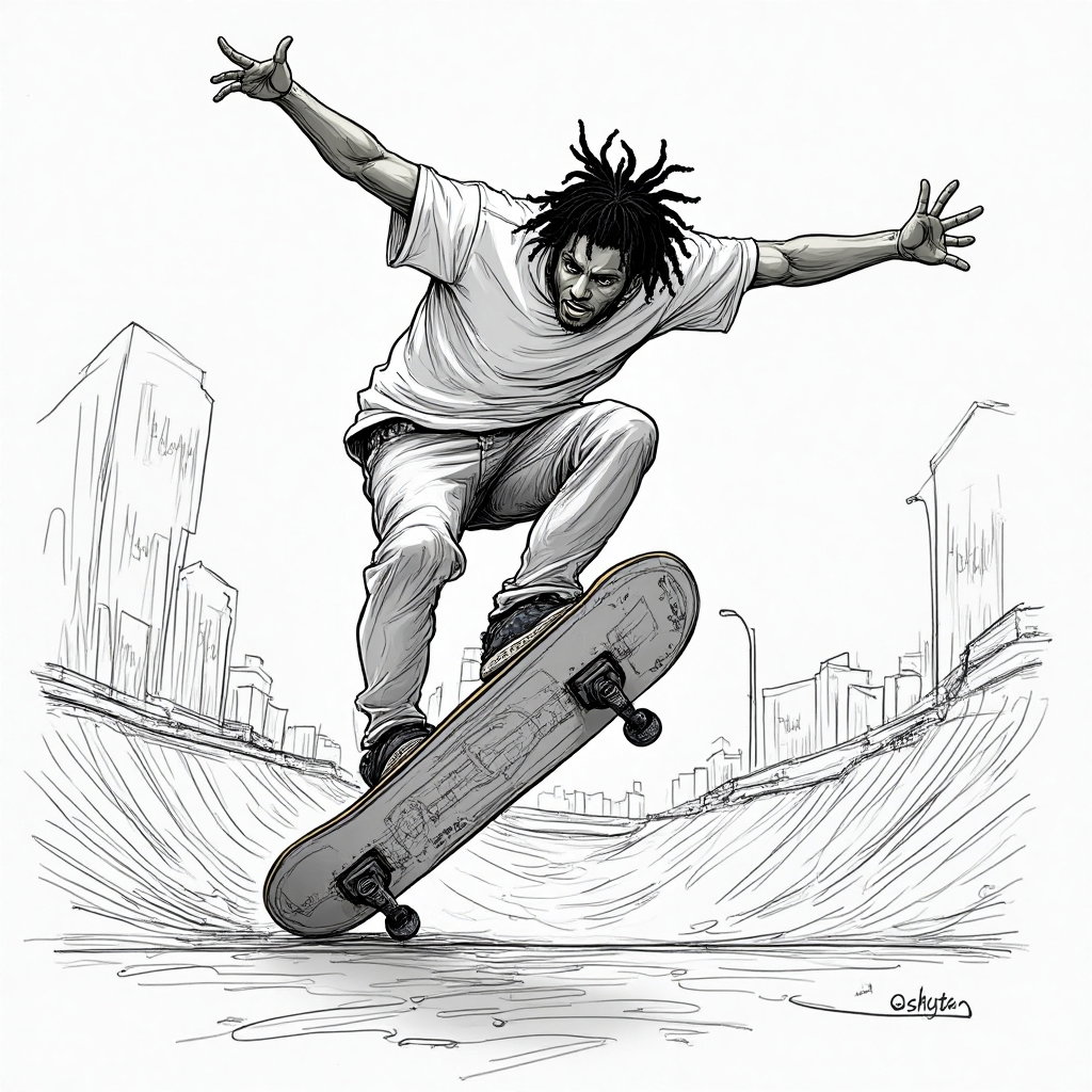AI-generated photo: **Line Art Illustration.** This concept depicts a person caught in a dynamic skateboarding trick, ca...