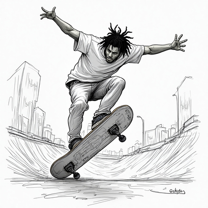 AI-generated photo: **Line Art Illustration.** This concept depicts a person caught in a dynamic skateboarding trick, ca...
