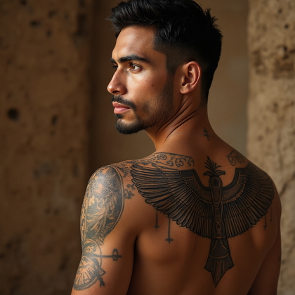 AI-generated photo: Photorealistic photography of a man with a detailed Egyptian hieroglyphic tattoo covering his upper ...
