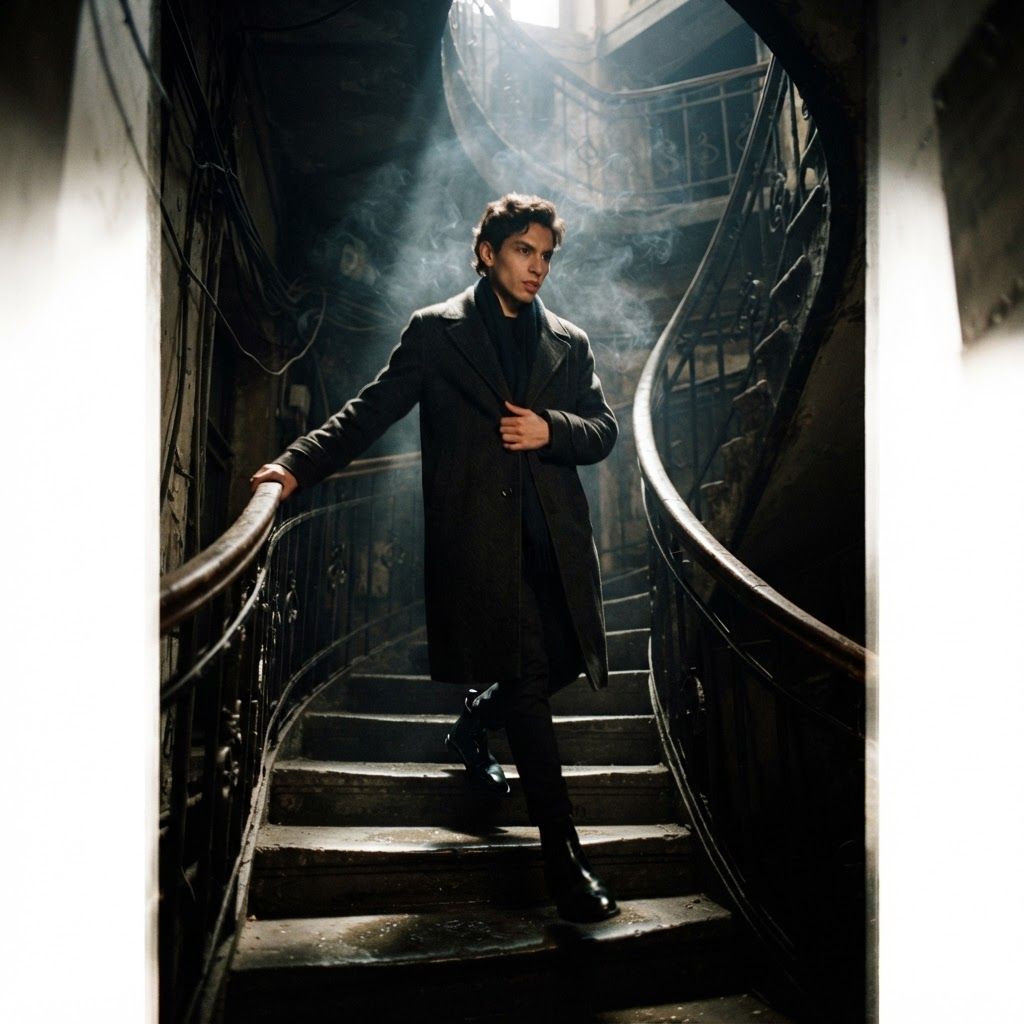 Stairwell Escape: Cinematic solo shot on a spiral stairwell, the figure descending fast with one hand on the curved rail and the other pulling a coat close,…