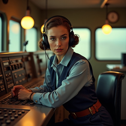 AI-generated photo: Photorealistic Kodachrome-era fashion editorial portrait: inside a wartime radio-telegraph room line...