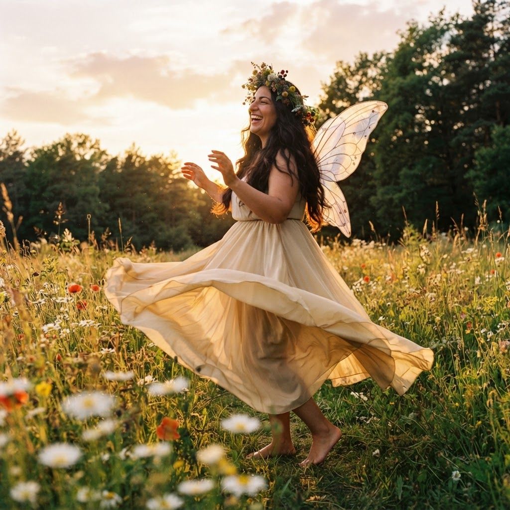 Woodland Fairy Among Wildflowers: Low, slightly angled view through wildflowers at a forest edge as she turns in a flowing pale-gold skirt.