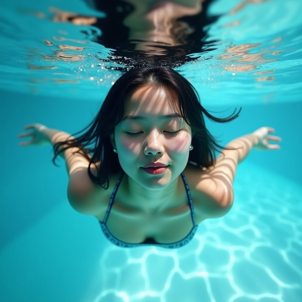 AI-generated photo: Photorealistic underwater portrait photography. The subject floats horizontally in a pool, body angl...