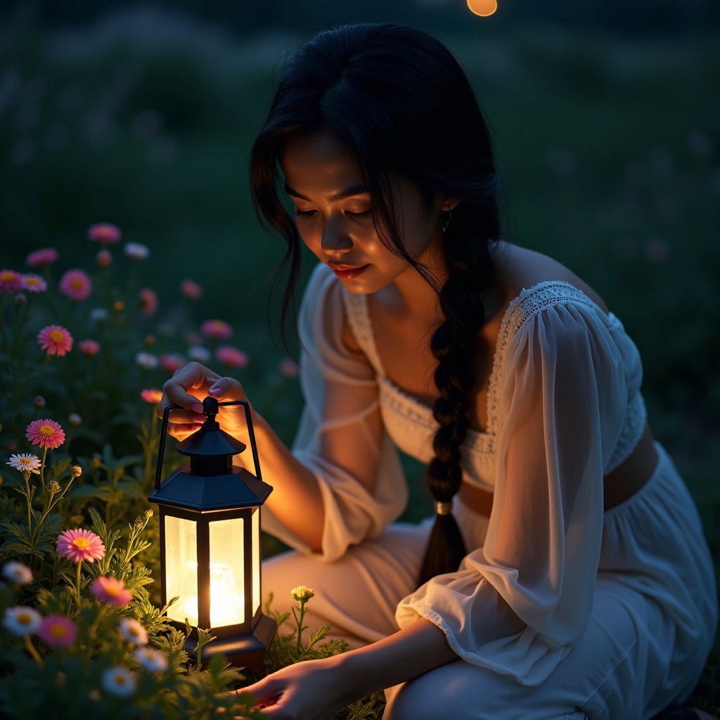 Jardin nocturne à la lanterne : portrait de jardin nocturne, bas et rapproché, avec une seule personne visible agenouillée à côté d’un massif ombreux de petites fleurs et tenant une lanterne tout près…
