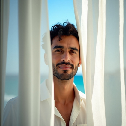 Minimal White Linen Portraits Against Blue Sea and Sky example: Photorealistic vacation portrait photography. Unexpected creative variation using the shadow of a white linen curtain ac