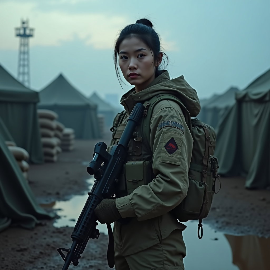 AI-generated photo: Photorealistic military portrait photograph, subject standing in a muddy field at dawn in full comba...