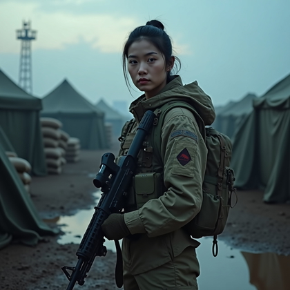 AI-generated photo: Photorealistic military portrait photograph, subject standing in a muddy field at dawn in full comba...