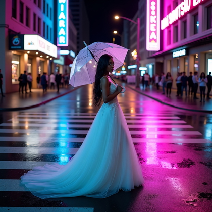 AI-generated photo: Photorealistic bridal editorial photography at night on a rain-slicked city crosswalk where neon sig...